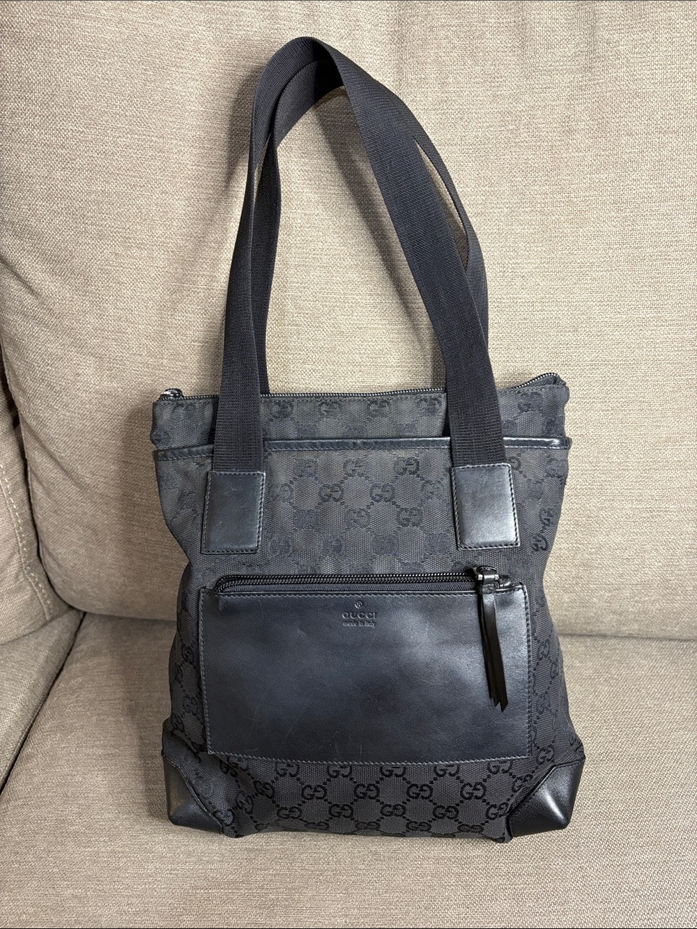 Gucci Black GG Canvas Leather Trim Tote Shoulder Bag with COA - Picture 2 of 13